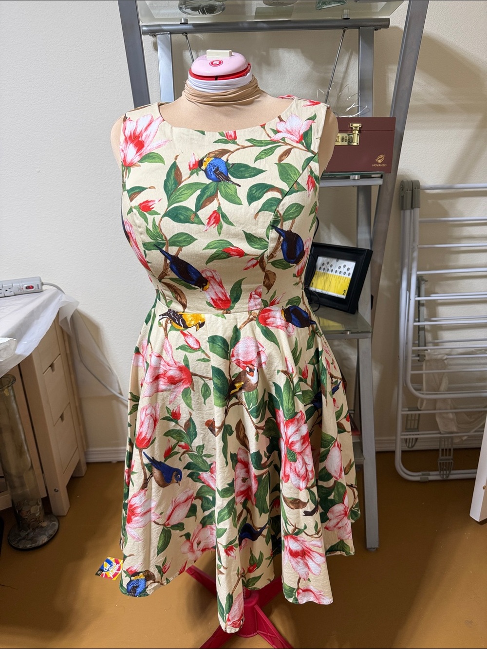 Grace Karin Cream Fit-and-Flare Dress with Pink Floral & Blue Bird Print